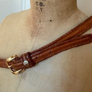 Vintage Etienne Aigner Leather Skinny Belt Brown Woven Whipstitch Gold Buckle